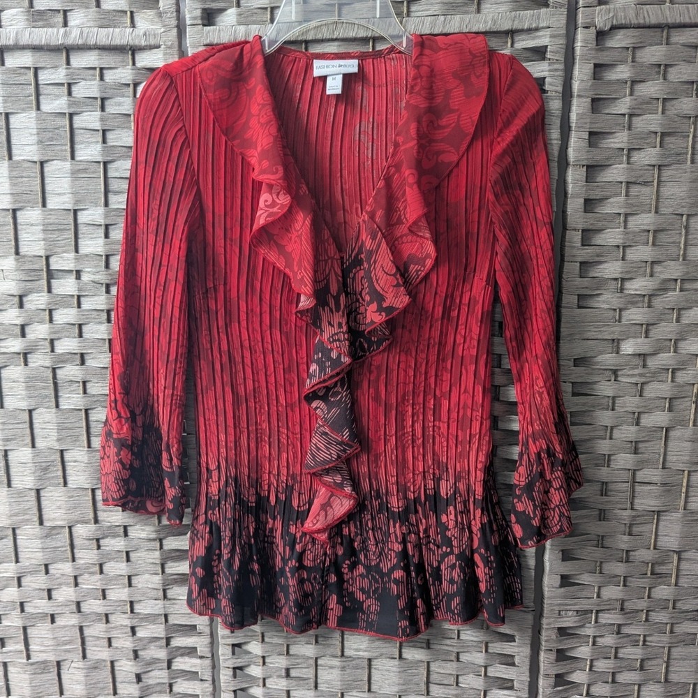 Vtg Y2K Plissé Blouse Red Black Ruffle Neck Floral Bell Sleeve Sz M Whimsigoth